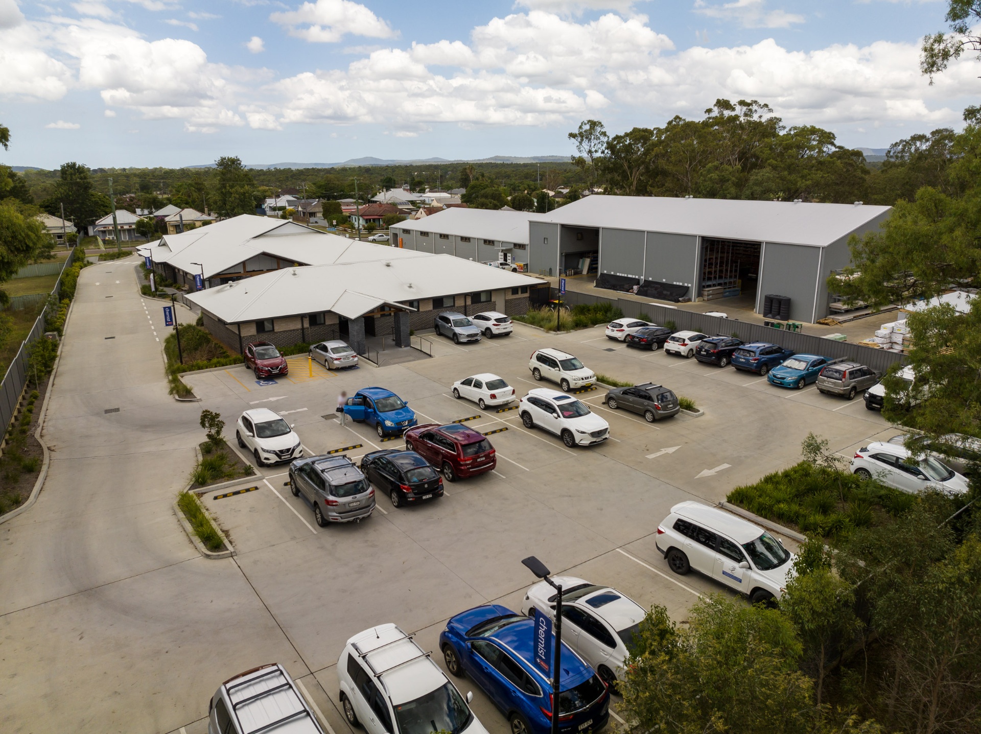 Aerial view of medical centre and on-grade car park