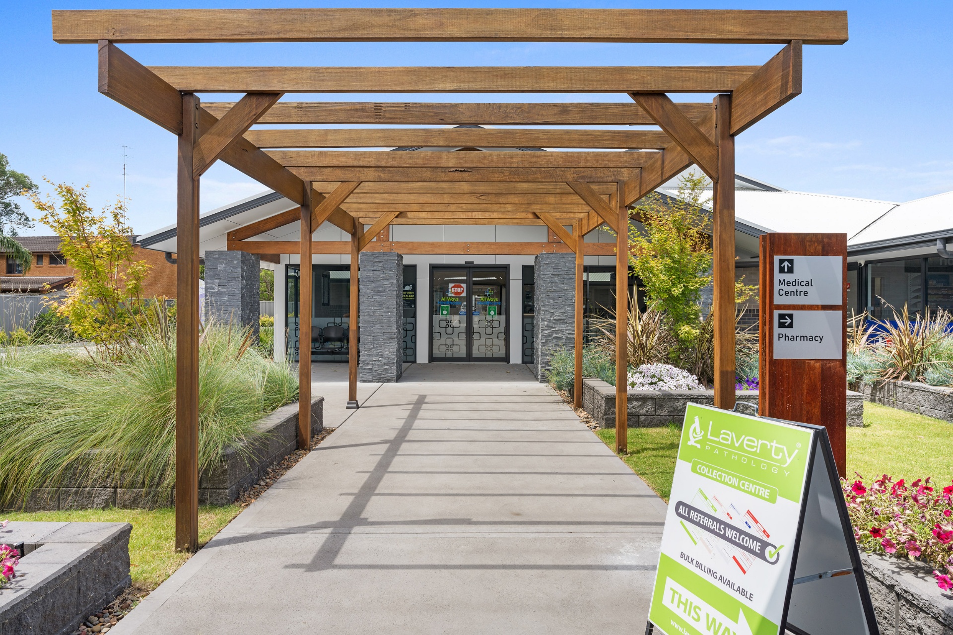 Pergola entry walkway to medical centre and pharmacy